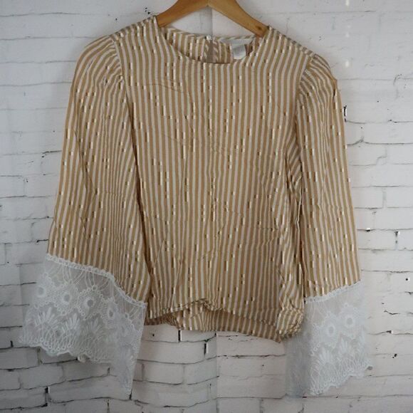 H&M MUSTARD YELLOW WHITE STRIPED WIDE CUT SLEEVE WITH LACE TRIM CROP TOP - Picture 1 of 8